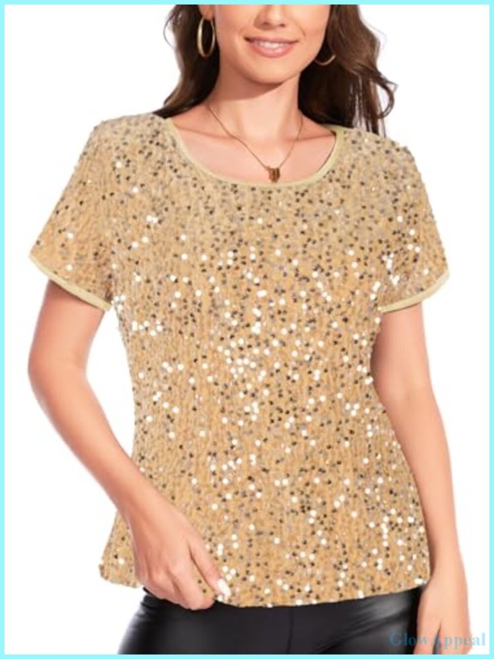 Velvet Sequin Short Sleeve Top Crew Neck Fitted Party Blouse